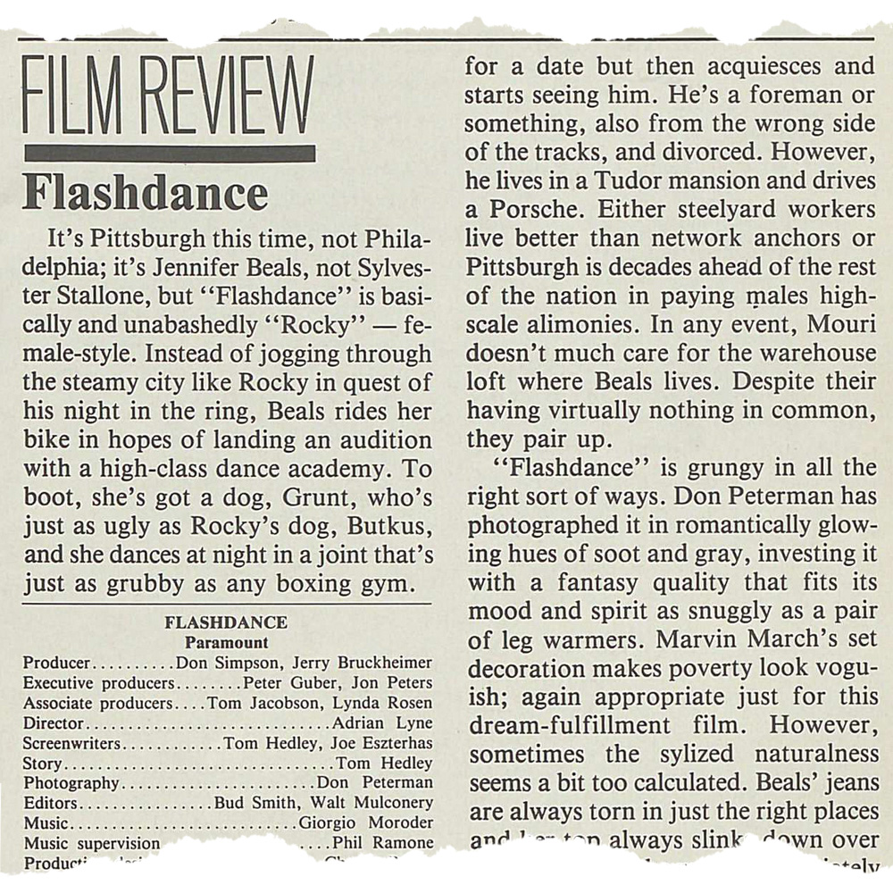 feuille de déchirure de la critique originale de 1983 THR de 'Flashdance'