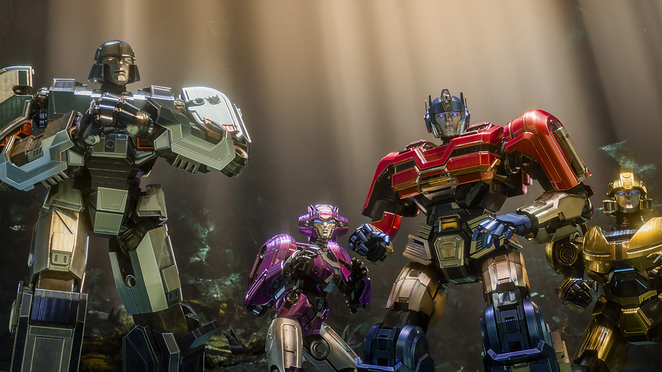 De gauche à droite, Brian Tyree Henry (D-16/Megatron), Scarlett Johansson (Elita-1), Chris Hemsworth (Orion Pax/Optimus Prime) et Keegan-Michael Key (B-127), vedettes de Transformers One
