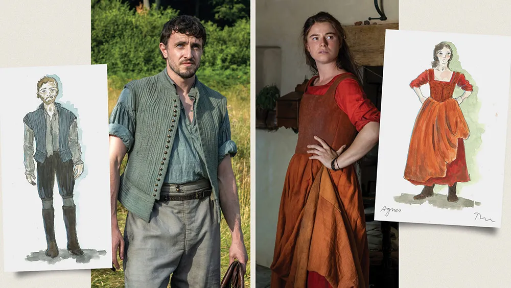 Croquis et images fixes de la garde-robe de Paul Mescal et Jessie Buckley dans le rôle de William Shakespeare et Agnes Hathaway dans Hamnet.