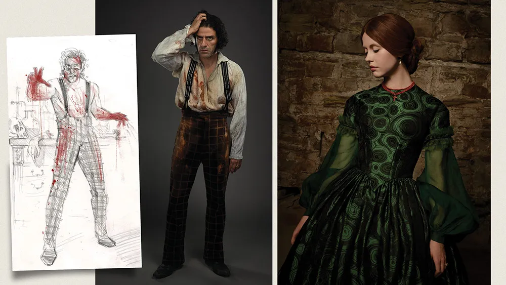 Un croquis et un rendu numérique de Victor Frankenstein d'Oscar Isaac et de Mia Goth dans le rôle de Lady Elizabeth Harlander dans Frankenstein.
