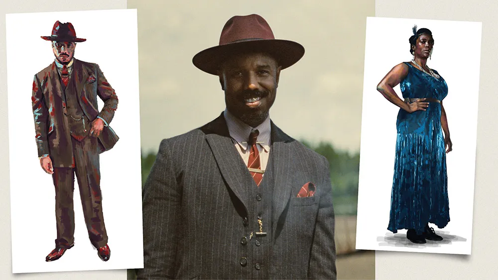 Rendu de Stack de Michael B. Jordan et image fixe de la garde-robe de Jordan animée dans le film. À droite : un croquis d'Annie de Wunmi Mosaku.