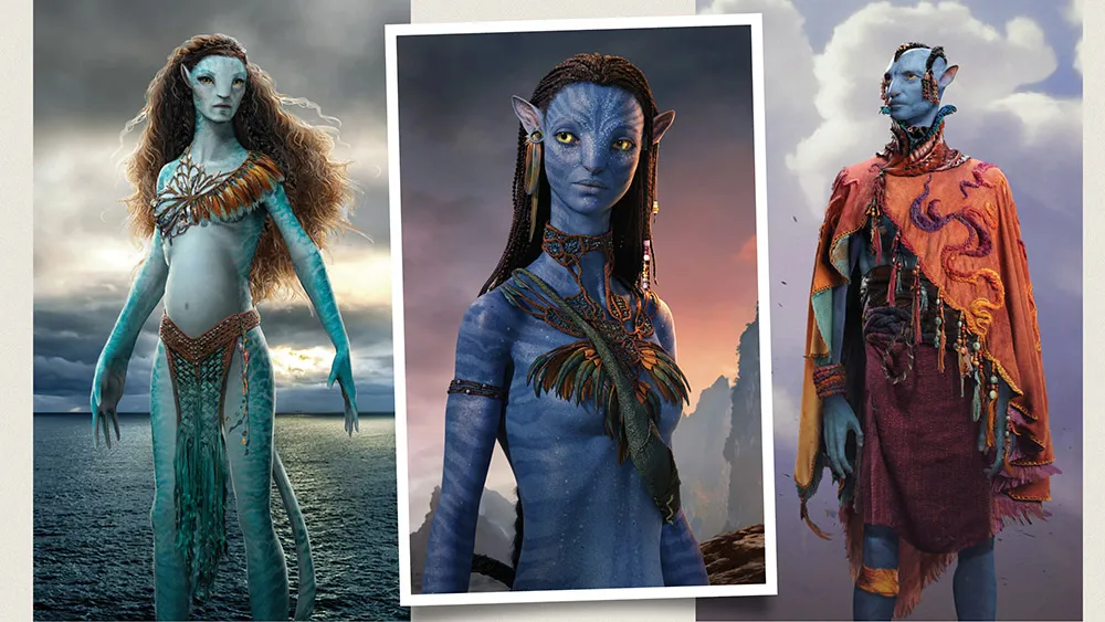 Ronal (Kate Winslet), Peylak (David Thewlis) et Neytiri (Zoe Saldaña) dans Avatar : Feu et Cendre.